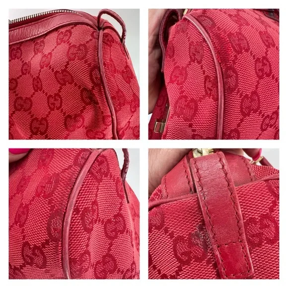 GUCCI GG Canvas Boston Bag, Red Jacquard Fabric, Red Leather Trim, Authentic